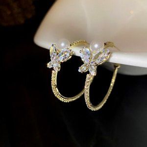 NEW Crystal Butterfly Pearl Half Hoop Earrings